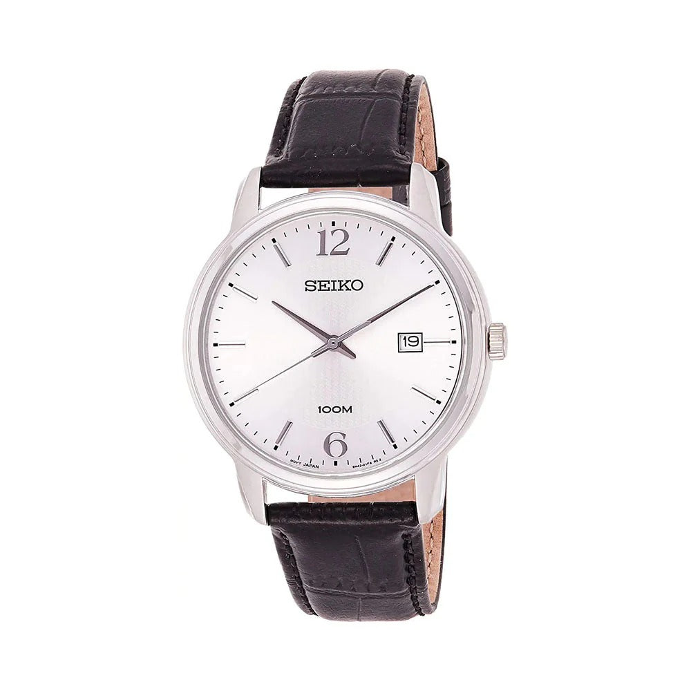 SEIKO NEO CLASSIC QUARTZ WATCH – 41MM SILVER WHITE DIAL APPLIED INDICES BLACK LEATHER STRAP