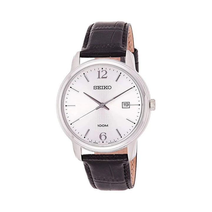 SEIKO NEO CLASSIC QUARTZ WATCH – 41MM SILVER WHITE DIAL APPLIED INDICES BLACK LEATHER STRAP