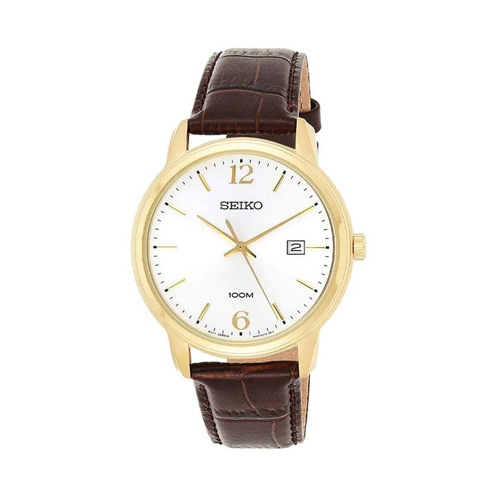 SEIKO NEO CLASSIC QUARTZ WATCH – 41MM SILVER SUNRAY DIAL APPLIED INDICES BROWN LEATHER STRAP