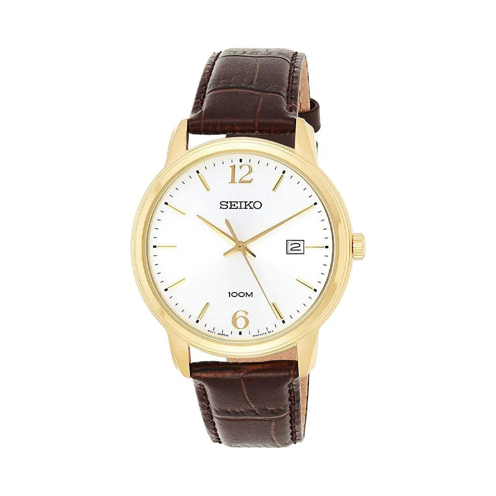 SEIKO NEO CLASSIC QUARTZ WATCH – 41MM SILVER SUNRAY DIAL APPLIED INDICES BROWN LEATHER STRAP
