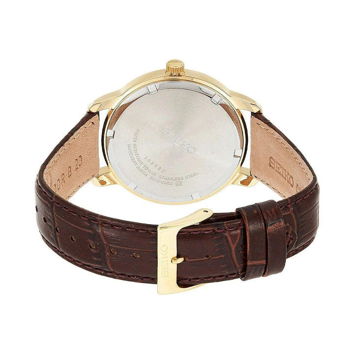 SEIKO NEO CLASSIC QUARTZ WATCH – 41MM SILVER SUNRAY DIAL APPLIED INDICES BROWN LEATHER STRAP