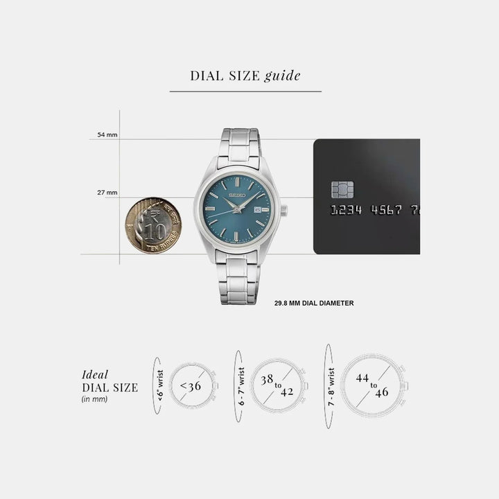 SEIKO DISCOVER MORE LADIES QUARTZ WATCH – 29.8MM BLUE SUNRAY DIAL SAPPHIRE CRYSTAL STEEL BRACELET