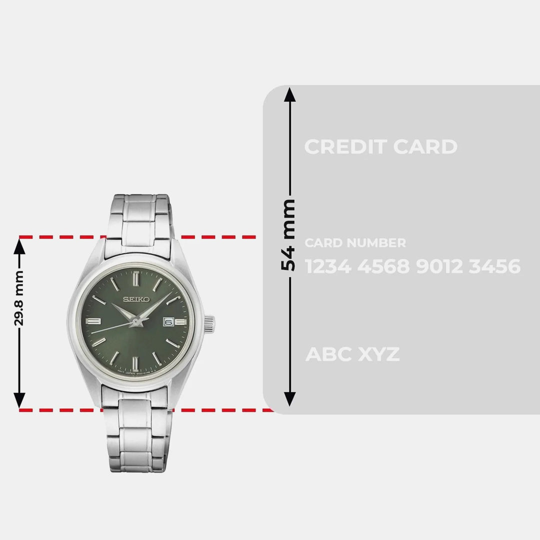 SEIKO DISCOVER MORE LADIES QUARTZ WATCH – 29.8MM OLIVE GREEN SUNRAY DIAL SAPPHIRE CRYSTAL STEEL BRACELET