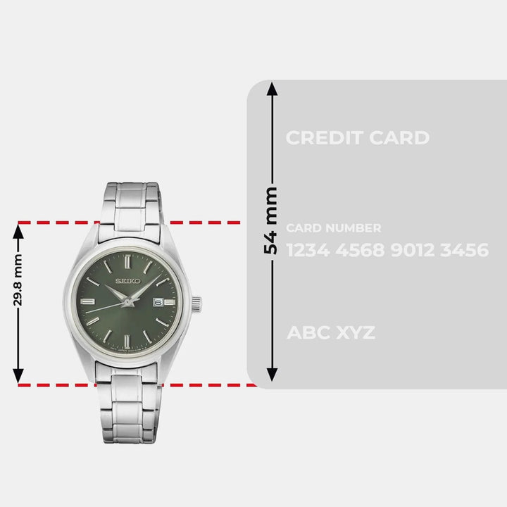 SEIKO DISCOVER MORE LADIES QUARTZ WATCH – 29.8MM OLIVE GREEN SUNRAY DIAL SAPPHIRE CRYSTAL STEEL BRACELET