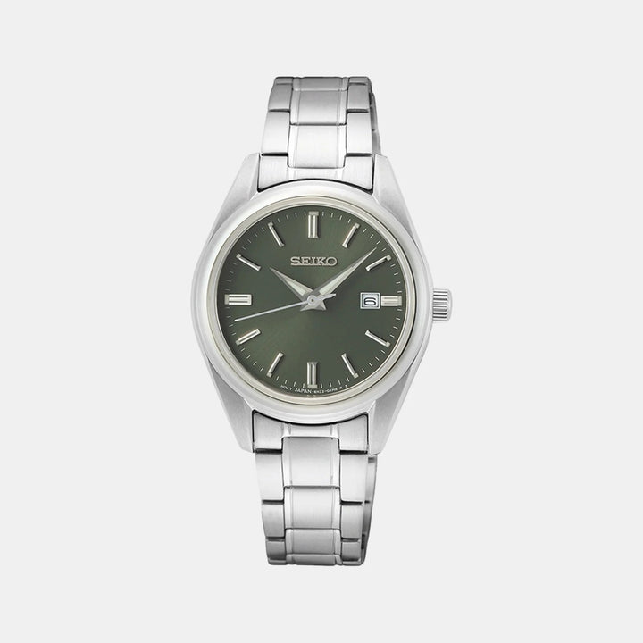 SEIKO DISCOVER MORE LADIES QUARTZ WATCH – 29.8MM OLIVE GREEN SUNRAY DIAL SAPPHIRE CRYSTAL STEEL BRACELET