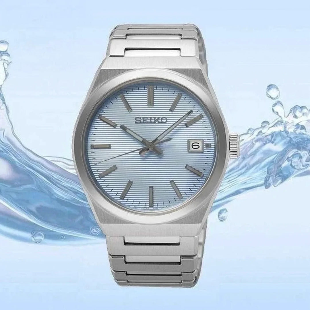 SEIKO DISCOVER MORE QUARTZ WATCH – 38.9MM LIGHT BLUE TEXTURED DIAL SAPPHIRE CRYSTAL STEEL BRACELET