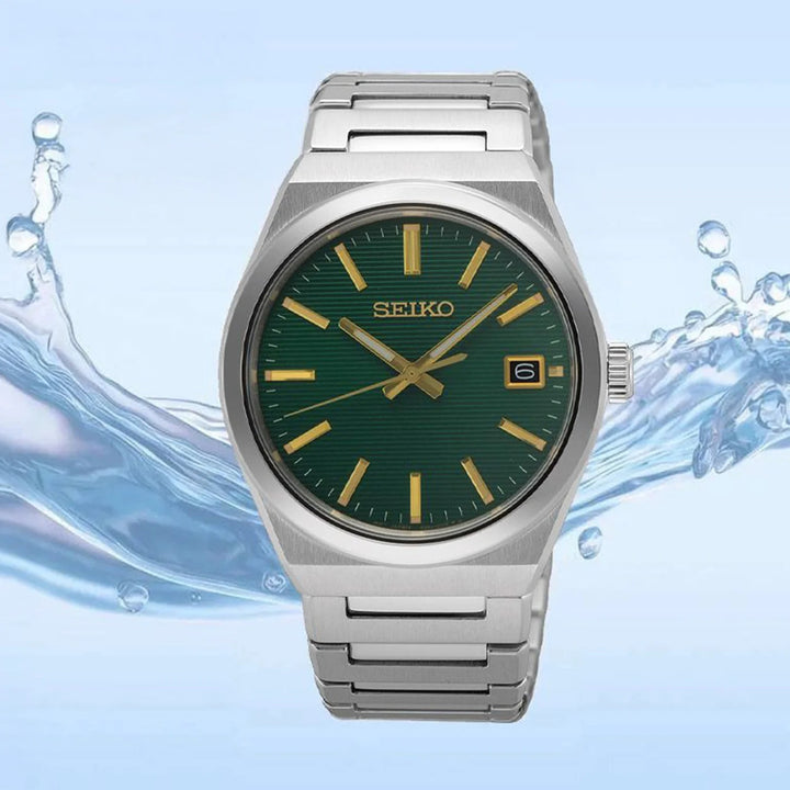 SEIKO DISCOVER MORE QUARTZ WATCH – 38.9MM GREEN SUNRAY DIAL SAPPHIRE CRYSTAL STEEL BRACELET