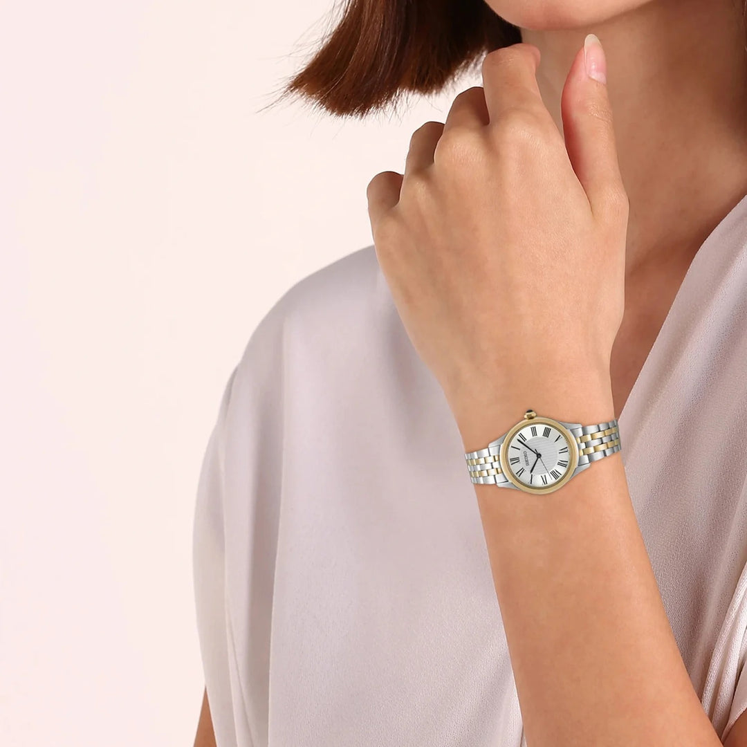 SEIKO LADIES QUARTZ WATCH – 29.6MM WHITE ROMAN NUMERAL DIAL SAPPHIRE CRYSTAL TWO-TONE STEEL BRACELET