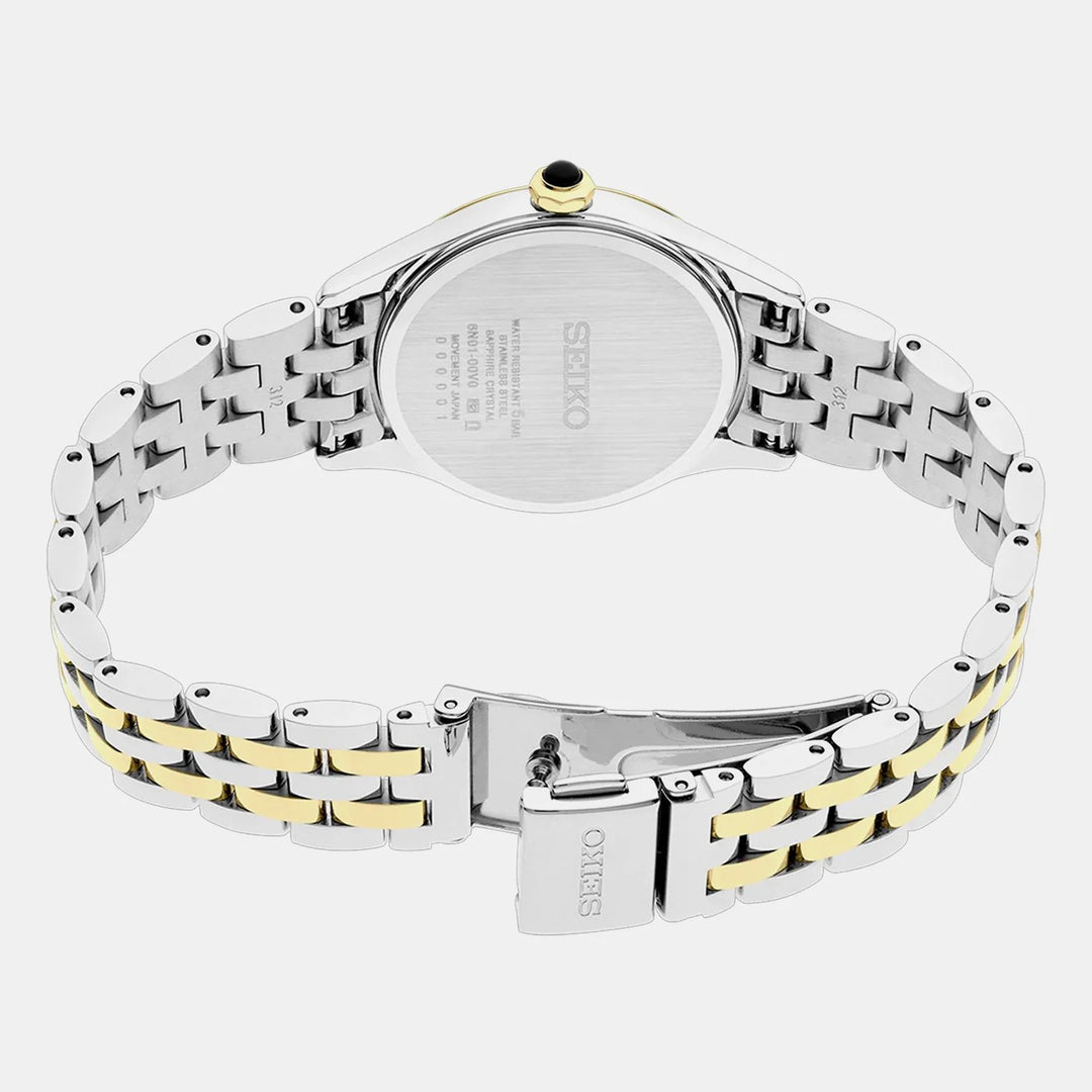 SEIKO LADIES QUARTZ WATCH – 29.6MM WHITE ROMAN NUMERAL DIAL SAPPHIRE CRYSTAL TWO-TONE STEEL BRACELET
