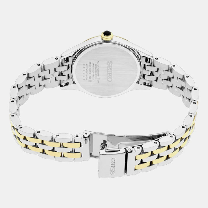 SEIKO LADIES QUARTZ WATCH – 29.6MM WHITE ROMAN NUMERAL DIAL SAPPHIRE CRYSTAL TWO-TONE STEEL BRACELET