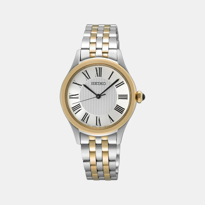 SEIKO LADIES QUARTZ WATCH – 29.6MM WHITE ROMAN NUMERAL DIAL SAPPHIRE CRYSTAL TWO-TONE STEEL BRACELET