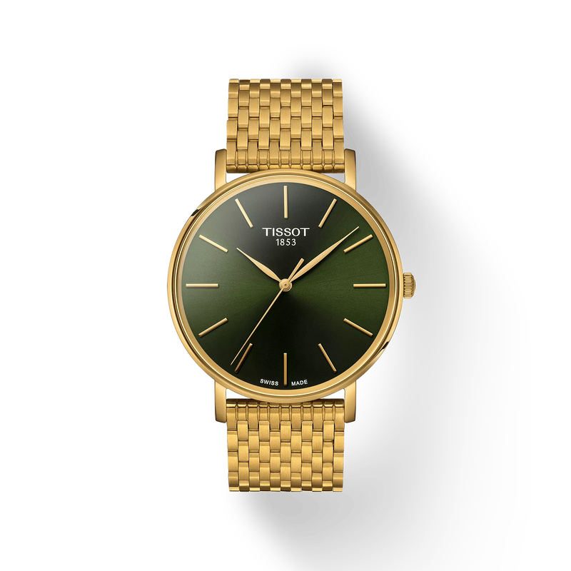 Tissot Everytime 40mm Quartz Watch – Green Dial Yellow Gold Mesh