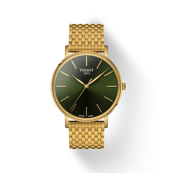 Tissot Everytime 40mm Quartz Watch – Green Dial Yellow Gold Mesh