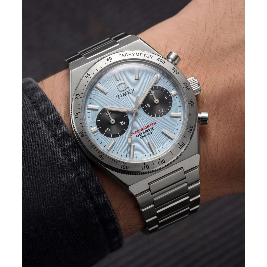 Timex Q Timex Continental Chronograph 36mm Ice Blue Dial Steel Bracelet Watch TW2Y92400UJ