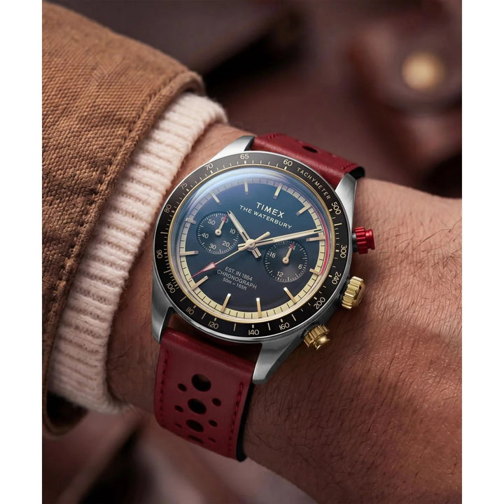 Timex Waterbury Heritage Chronograph 39mm Black Dial Red Leather Men&