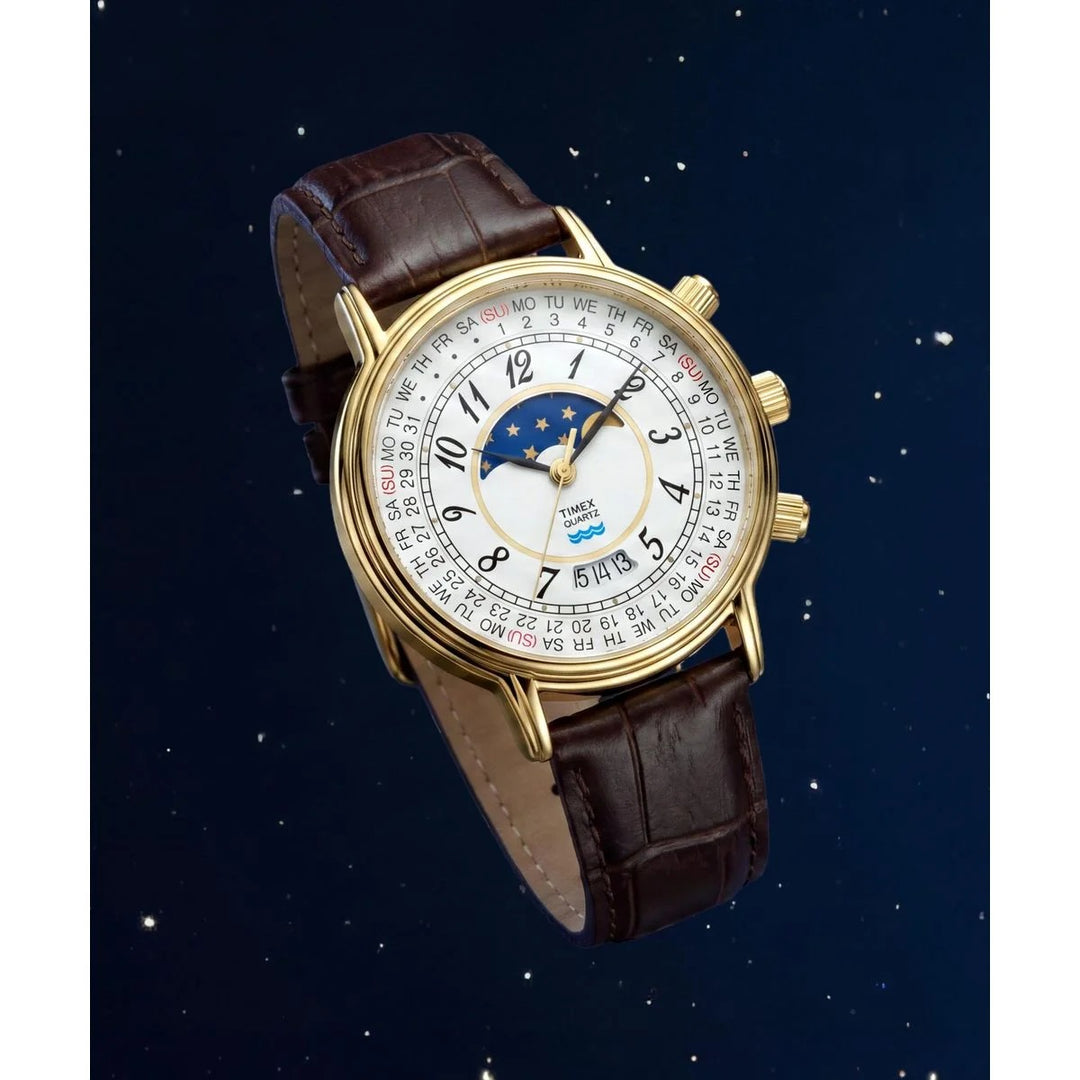 Timex Q Timex 1990 Reissue 37mm Moon Phase Cream Dial Gold Case Men&
