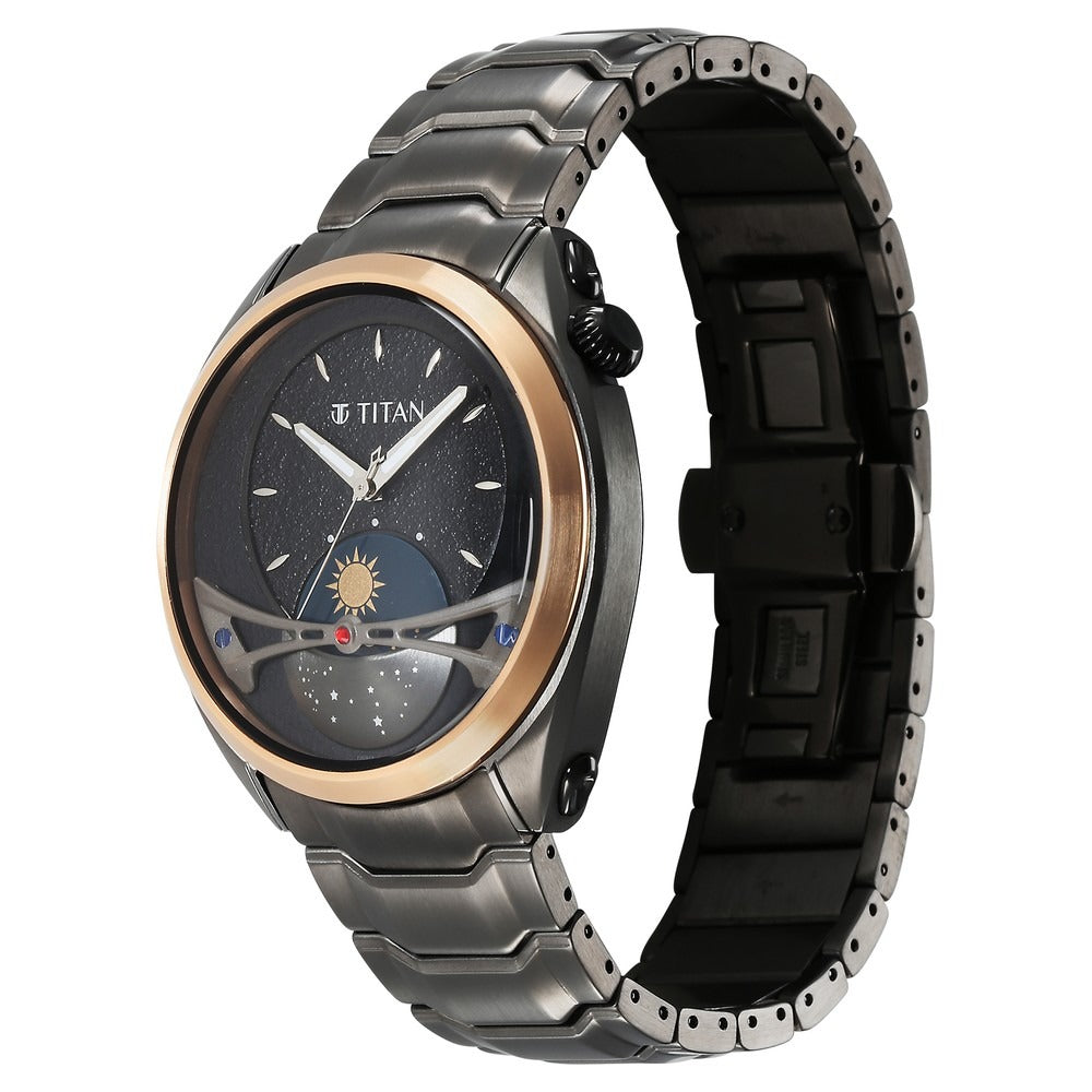 Titan Stellar 43mm Black Dial Sun-Moon Indicator Stainless Steel Bracelet Men&