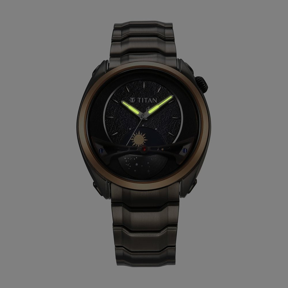 Titan Stellar 43mm Black Dial Sun-Moon Indicator Stainless Steel Bracelet Men&
