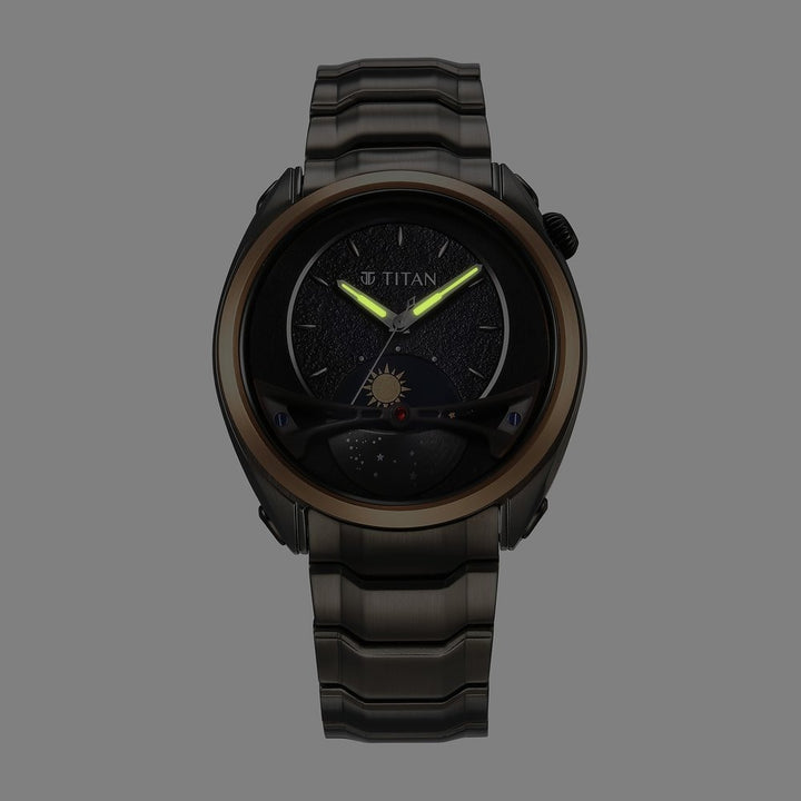 Titan Stellar 43mm Black Dial Sun-Moon Indicator Stainless Steel Bracelet Men&