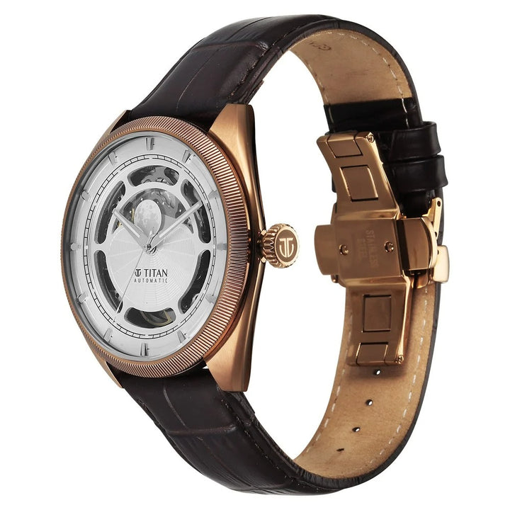 Titan Stellar Cupola Skeleton Automatic 45.5mm Silver Open-Heart Dial Sapphire Crystal Leather Strap Men&