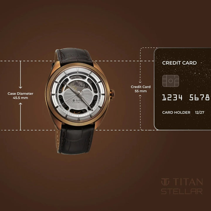 Titan Stellar Cupola Skeleton Automatic 45.5mm Silver Open-Heart Dial Sapphire Crystal Leather Strap Men&