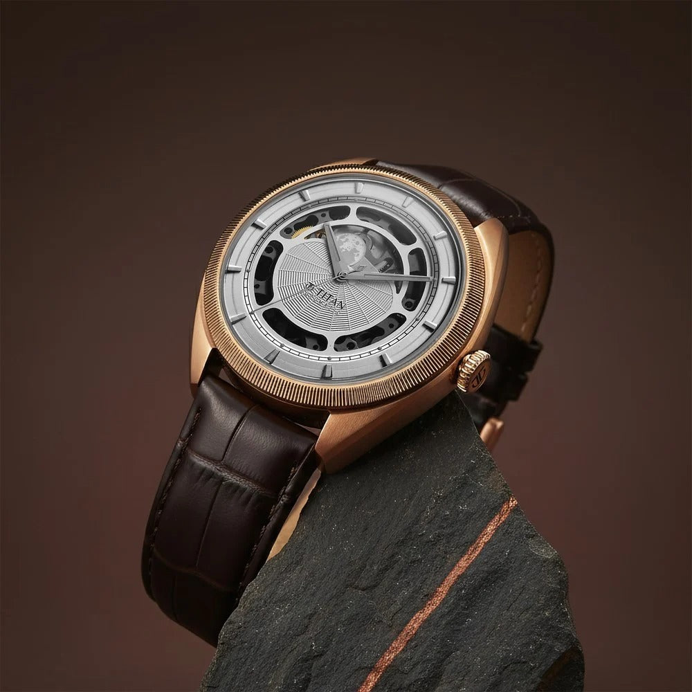 Titan Stellar Cupola Skeleton Automatic 45.5mm Silver Open-Heart Dial Sapphire Crystal Leather Strap Men&