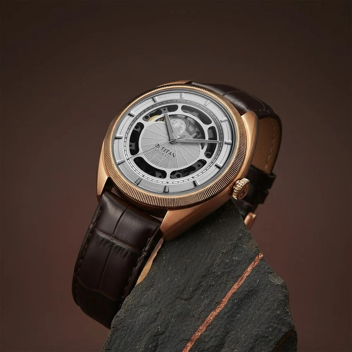 Titan Stellar Cupola Skeleton Automatic 45.5mm Silver Open-Heart Dial Sapphire Crystal Leather Strap Men&