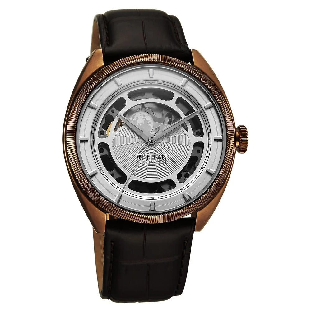 Titan Stellar Cupola Skeleton Automatic 45.5mm Silver Open-Heart Dial Sapphire Crystal Leather Strap Men&