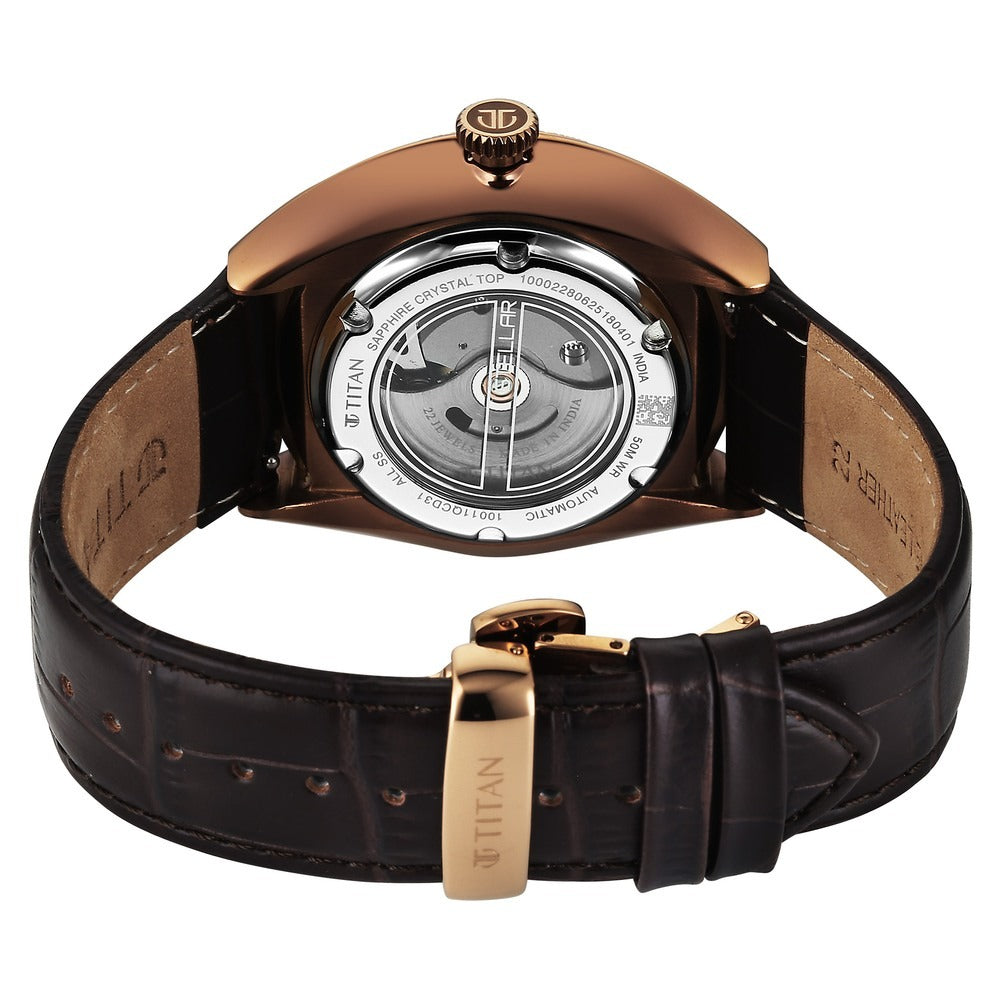 Titan Stellar Cupola Skeleton Automatic 45.5mm Silver Open-Heart Dial Sapphire Crystal Leather Strap Men&