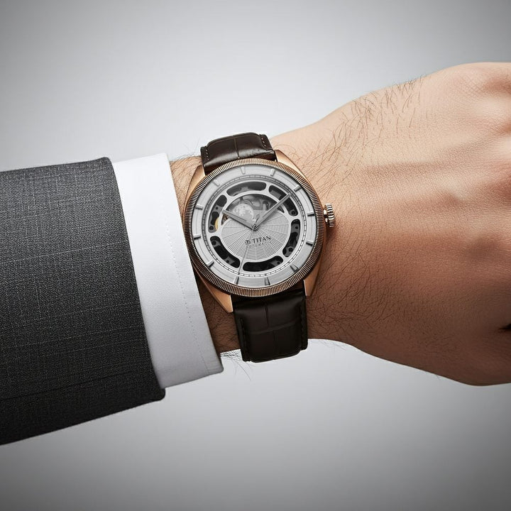 Titan Stellar Cupola Skeleton Automatic 45.5mm Silver Open-Heart Dial Sapphire Crystal Leather Strap Men&