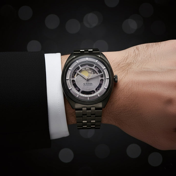 Titan Stellar Cupola Skeleton Automatic 45.5mm Silver Open-Heart Dial Sapphire Crystal Gunmetal Bracelet Men&