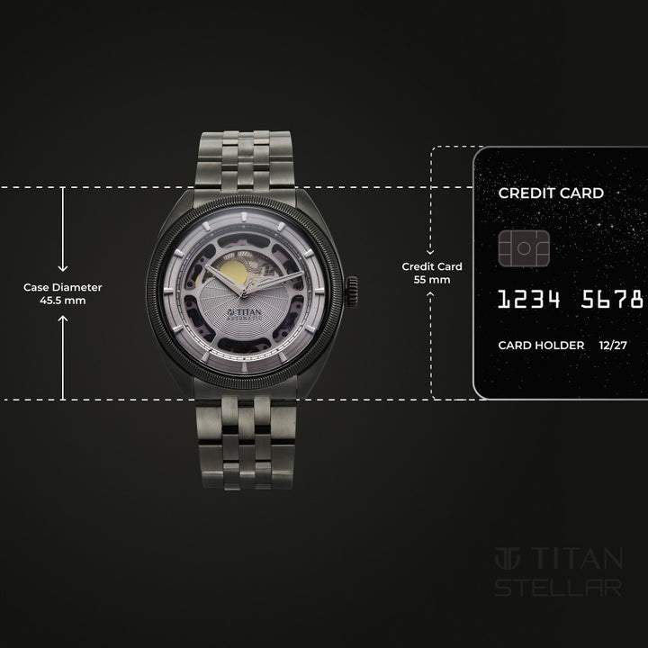 Titan Stellar Cupola Skeleton Automatic 45.5mm Silver Open-Heart Dial Sapphire Crystal Gunmetal Bracelet Men&
