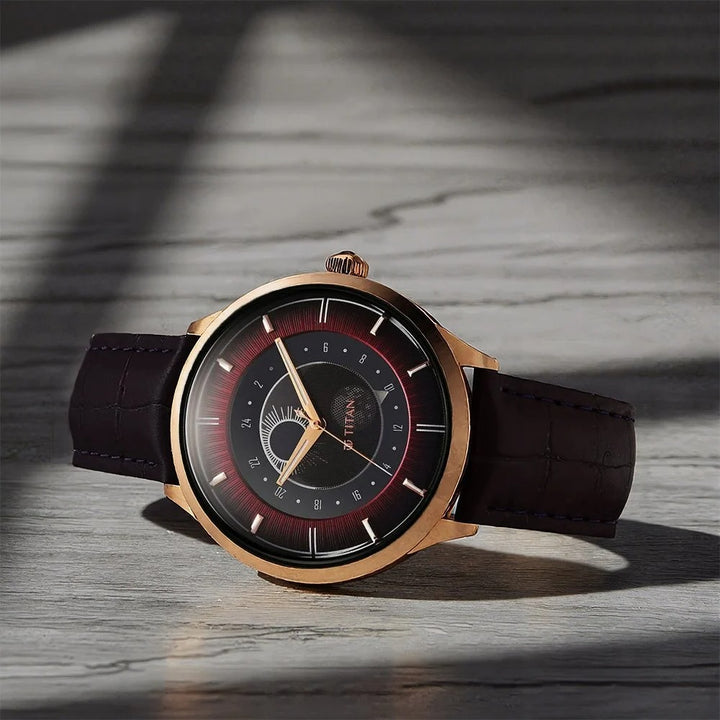 Titan Stellar Caelum 45.5mm Purple Dial Sun-Moon Phase Leather Strap Men&