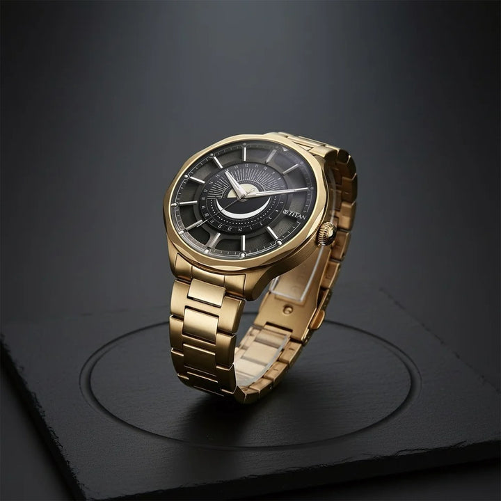 Titan Stellar Caelum 43mm Black Dial Sun-Moon Phase Rose Gold Stainless Steel Bracelet Men&