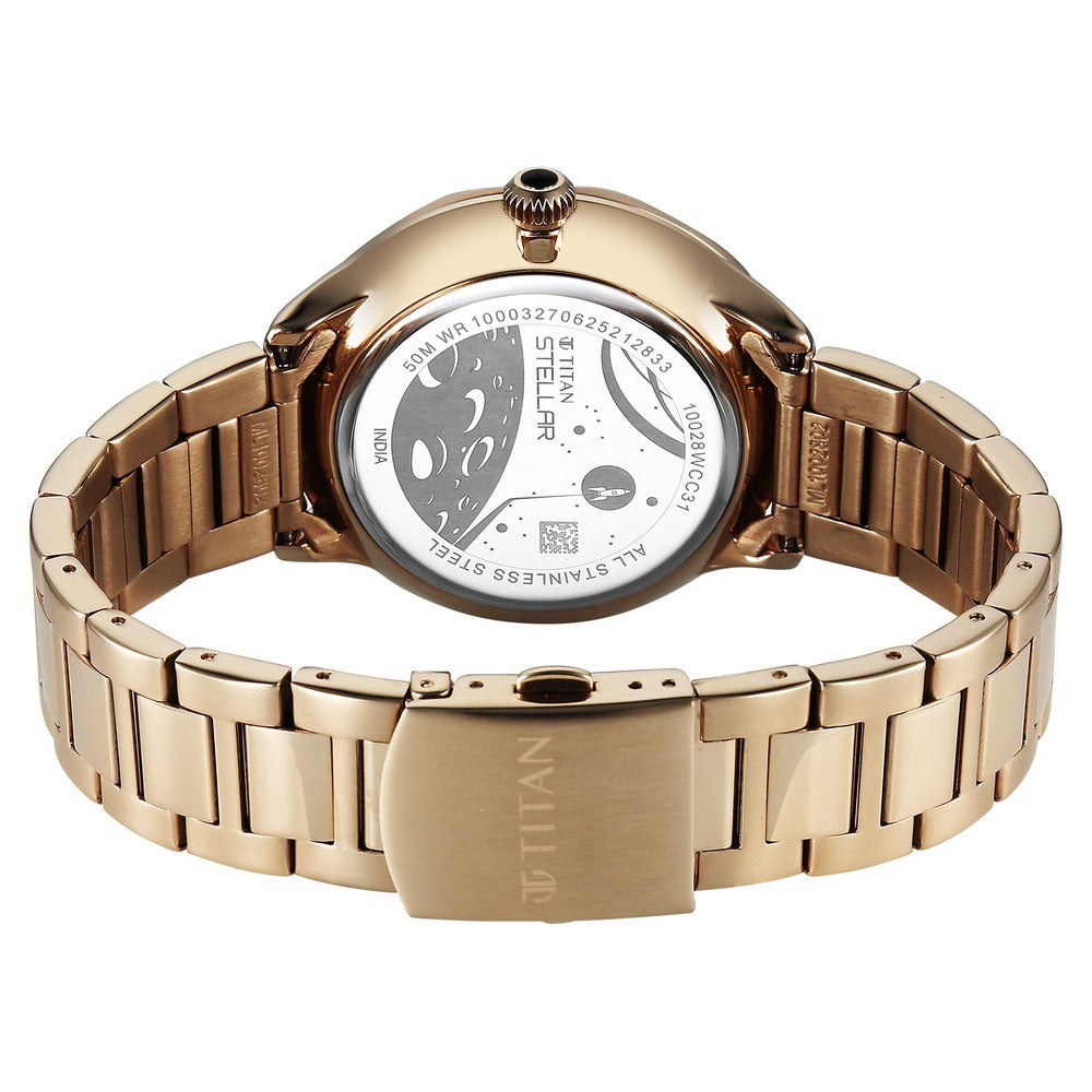 Titan Stellar Caelum 43mm Black Dial Sun-Moon Phase Rose Gold Stainless Steel Bracelet Men&