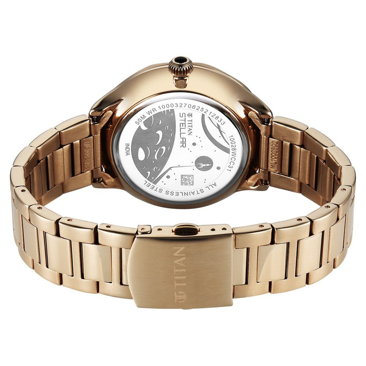 Titan Stellar Caelum 43mm Black Dial Sun-Moon Phase Rose Gold Stainless Steel Bracelet Men&