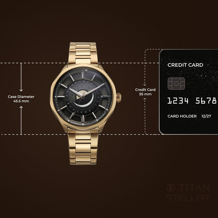 Titan Stellar Caelum 43mm Black Dial Sun-Moon Phase Rose Gold Stainless Steel Bracelet Men&