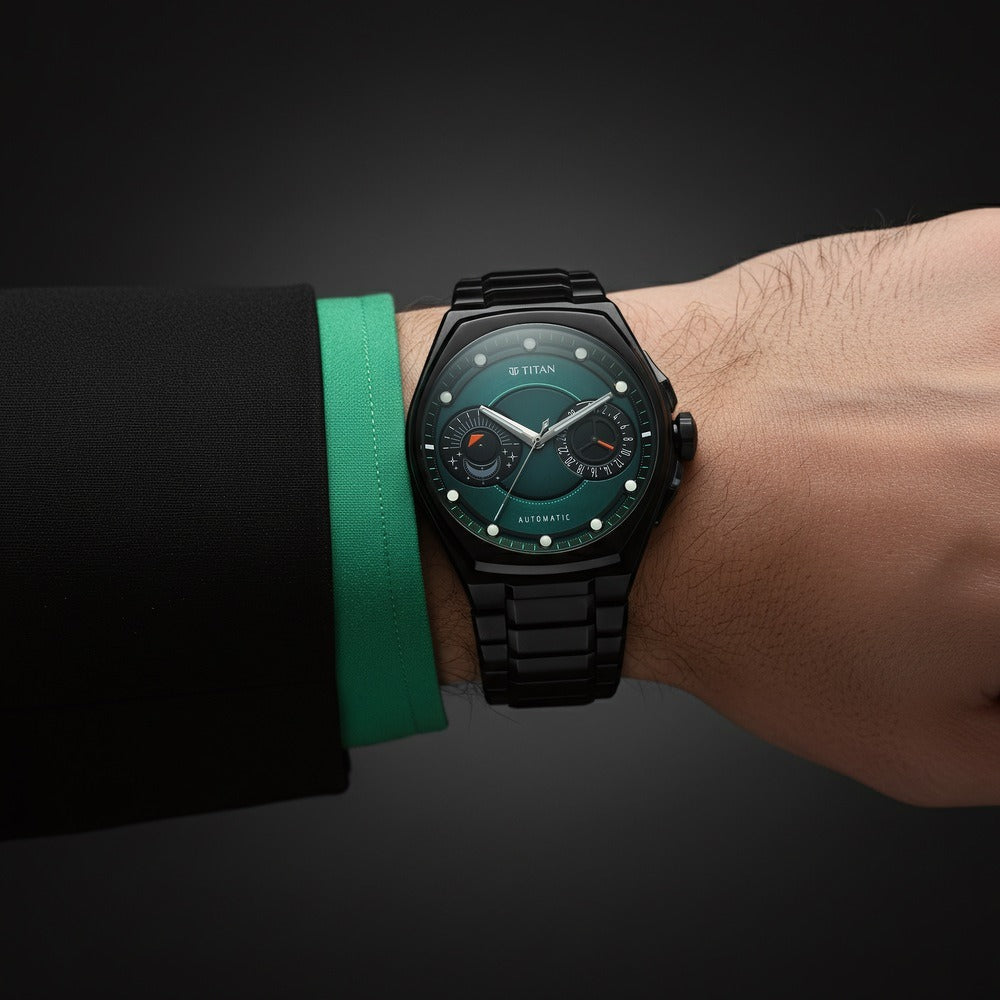 Titan Stellar Aurora Caelum Automatic 49.6mm Green Dial Sun-Moon Phase Sapphire Crystal Grade 5 Titanium Bracelet Men&