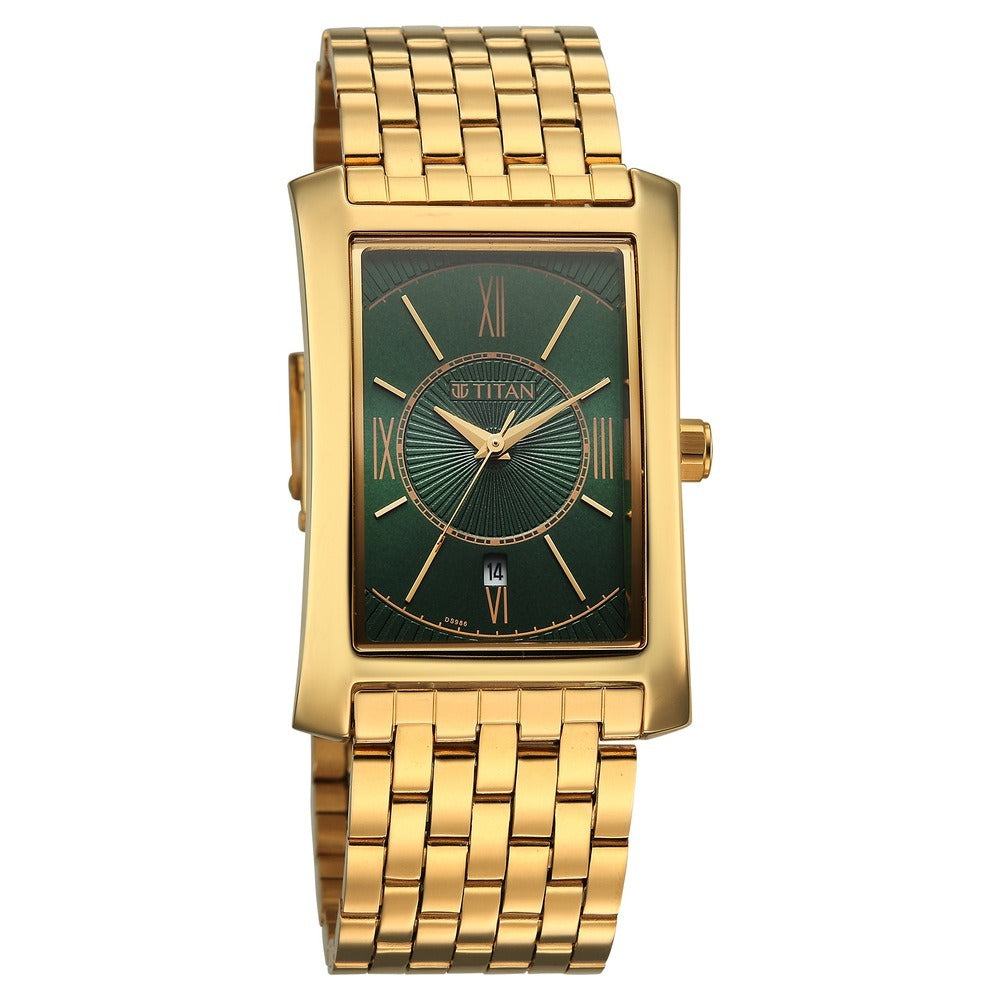 Titan Regalia Allure 40mm Green Roman Numeral Dial Date Yellow Gold Stainless Steel Bracelet Men&
