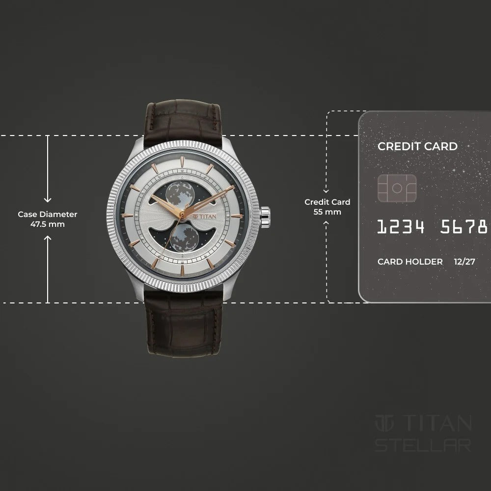 Titan Stellar Dual Moonphase 43mm Silver Dial Mineral Crystal Leather Strap Men&