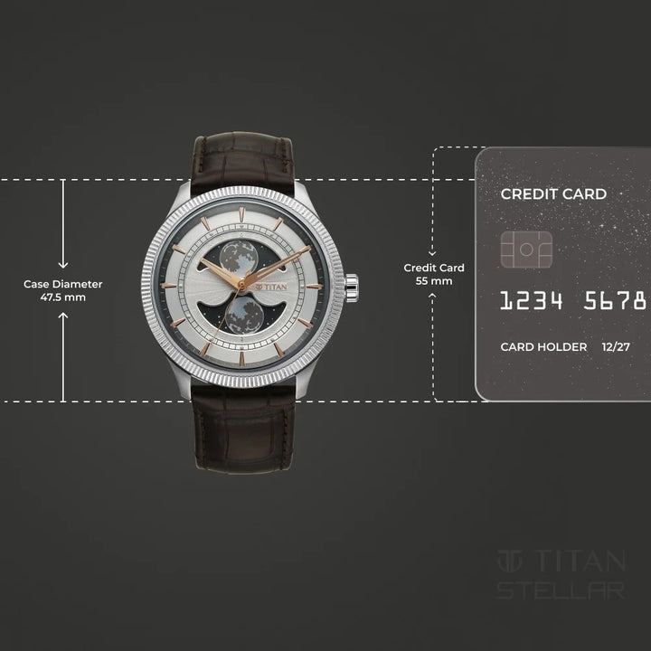 Titan Stellar Dual Moonphase 43mm Silver Dial Mineral Crystal Leather Strap Men&