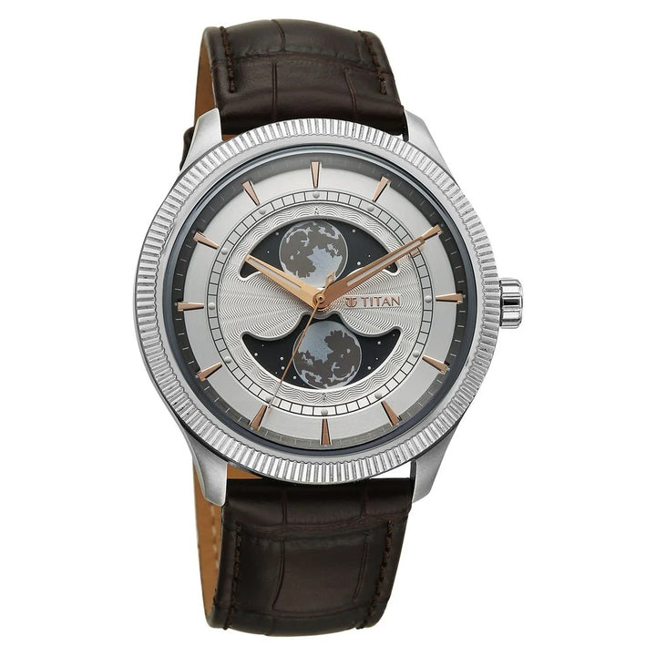 Titan Stellar Dual Moonphase 43mm Silver Dial Mineral Crystal Leather Strap Men&