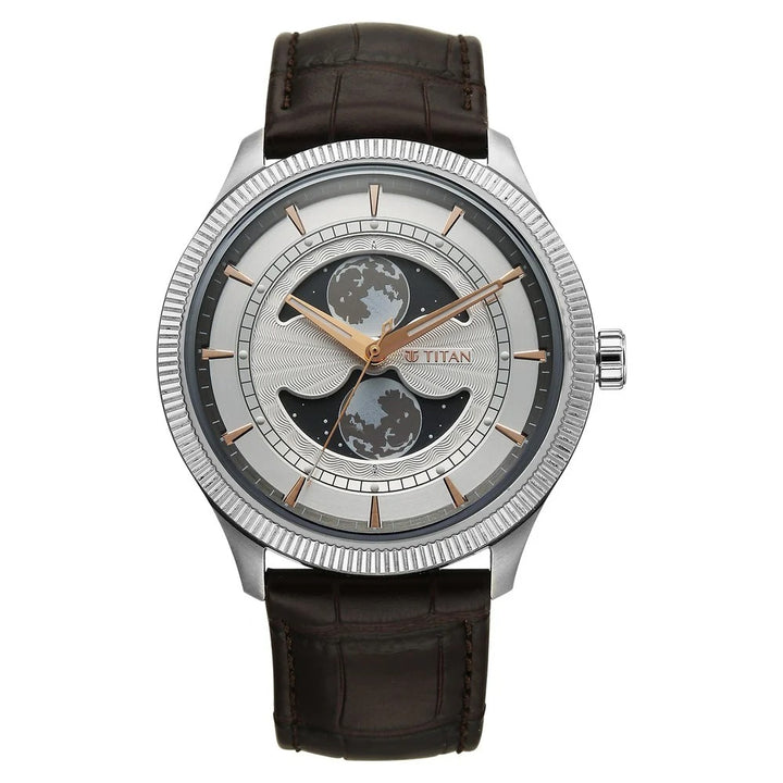 Titan Stellar Dual Moonphase 43mm Silver Dial Mineral Crystal Leather Strap Men&