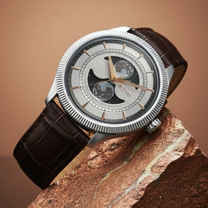 Titan Stellar Dual Moonphase 43mm Silver Dial Mineral Crystal Leather Strap Men&