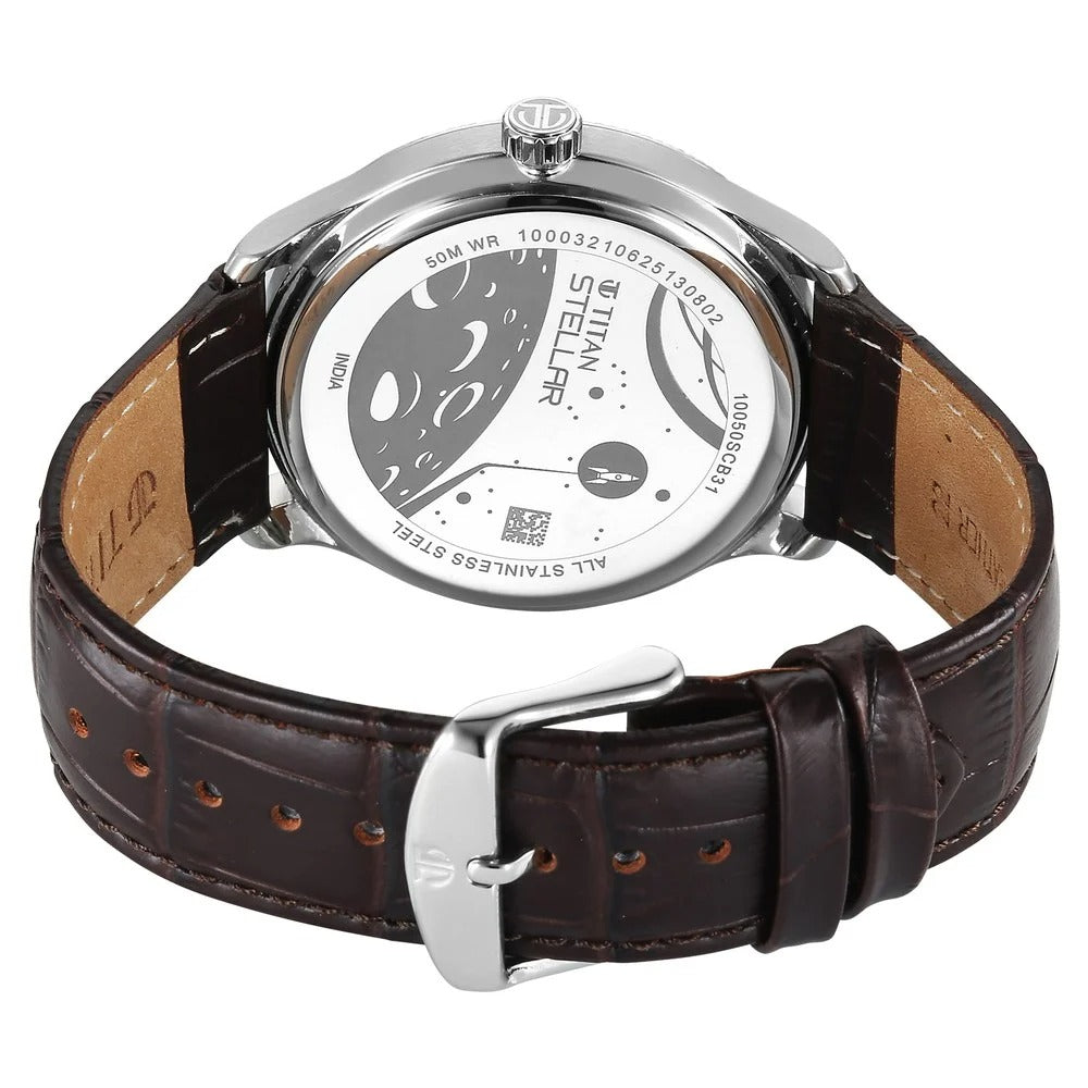 Titan Stellar Dual Moonphase 43mm Silver Dial Mineral Crystal Leather Strap Men&