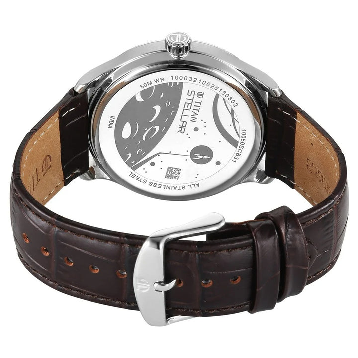 Titan Stellar Dual Moonphase 43mm Silver Dial Mineral Crystal Leather Strap Men&