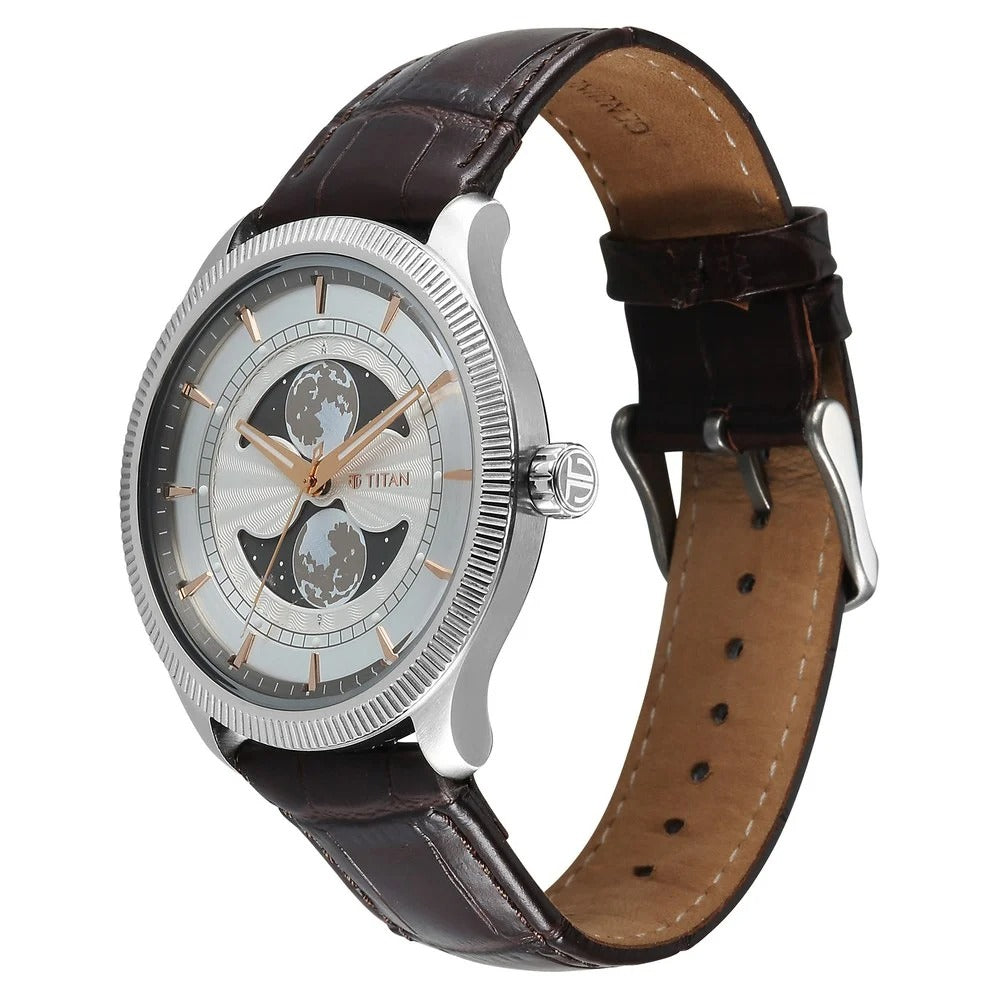 Titan Stellar Dual Moonphase 43mm Silver Dial Mineral Crystal Leather Strap Men&