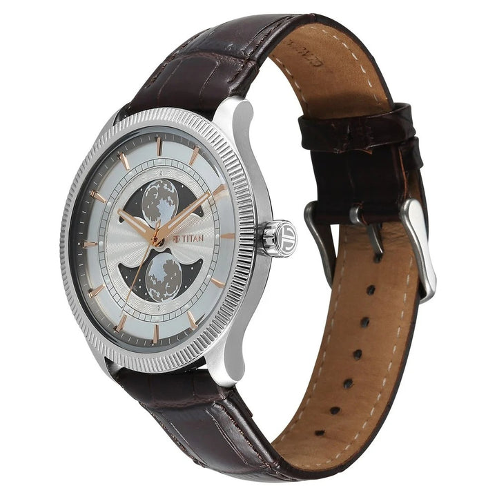 Titan Stellar Dual Moonphase 43mm Silver Dial Mineral Crystal Leather Strap Men&