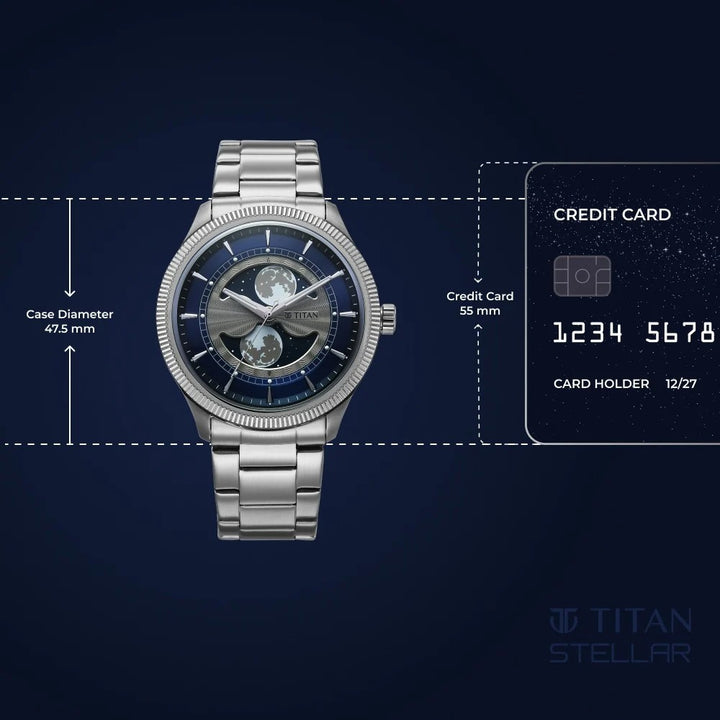 Titan Stellar Dual Moonphase 43mm Blue Dial Mineral Crystal Stainless Steel Bracelet Men&