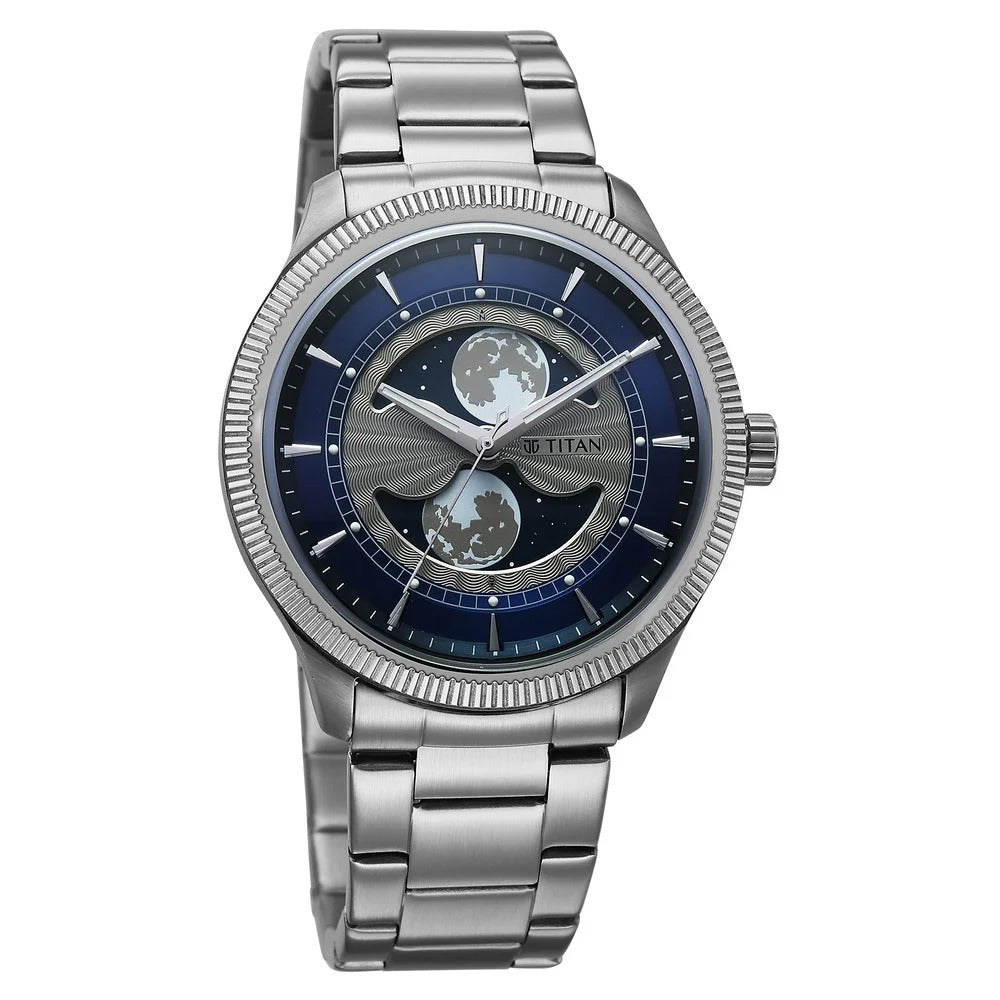 Titan Stellar Dual Moonphase 43mm Blue Dial Mineral Crystal Stainless Steel Bracelet Men&